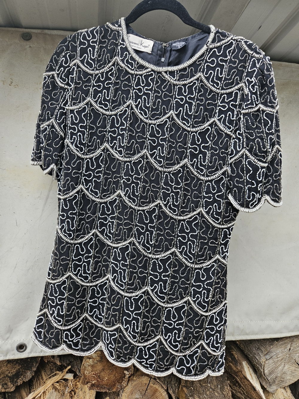 Vintage 1980s Black Glass Beaded Short Sleeve Evening Top By Laurence Kazar S